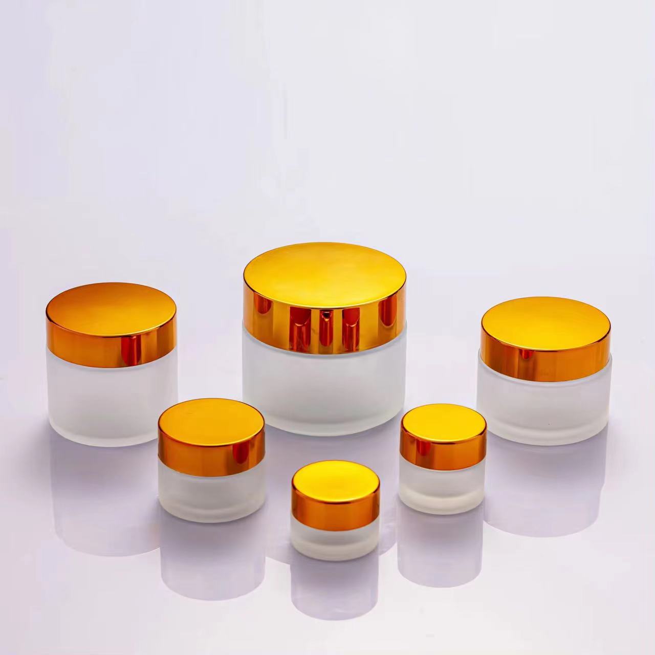 High quality clear frosted cream glass bottles cream jars with Golden aluminum plastic cap for cosmetic